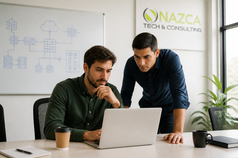 Two startup founders reviewing a laptop screen in a bright, modern office with a whiteboard covered in network diagrams in the background