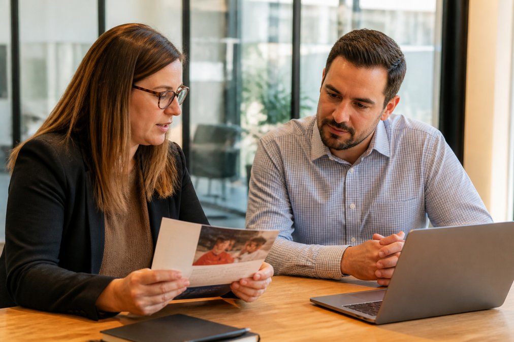 A small business owner and a marketer reviewing campaign performance across a laptop and a printed mailer on a desk in a bright office