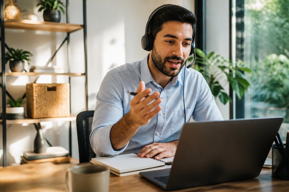 A sales professional in a bright modern office on a video call, headset on, notepad and laptop open, mid-conversation with a prospect