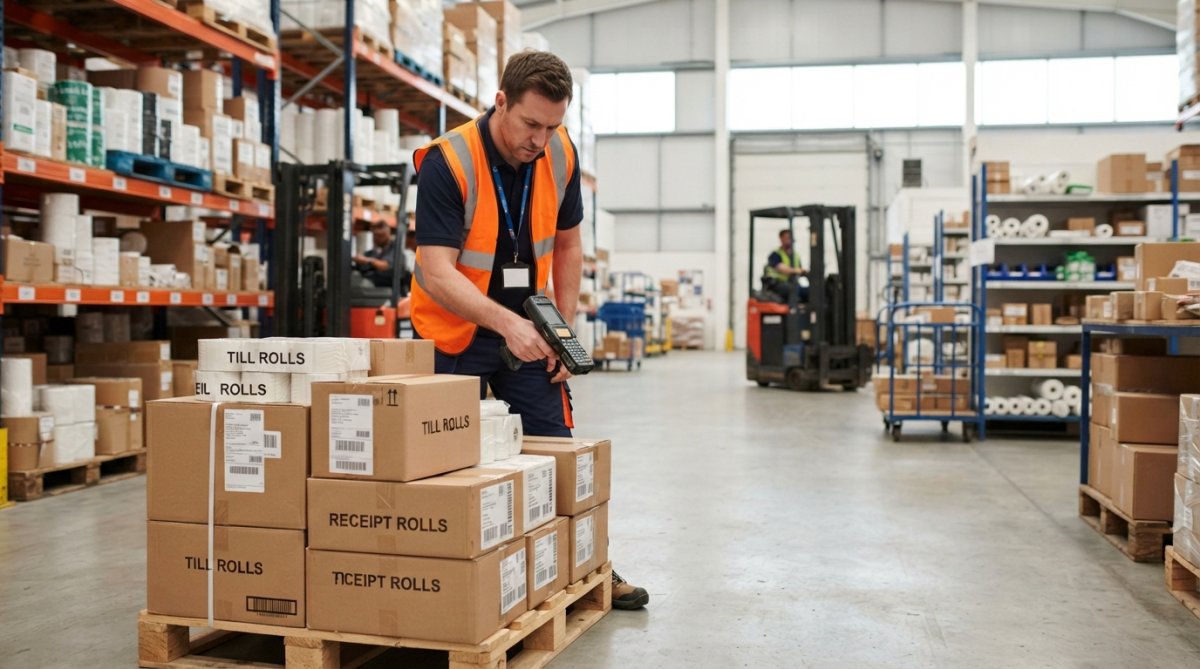 A warehouse worker in a high-vis vest scanning boxes of till rolls on a pallet in a bright, organised distribution centre