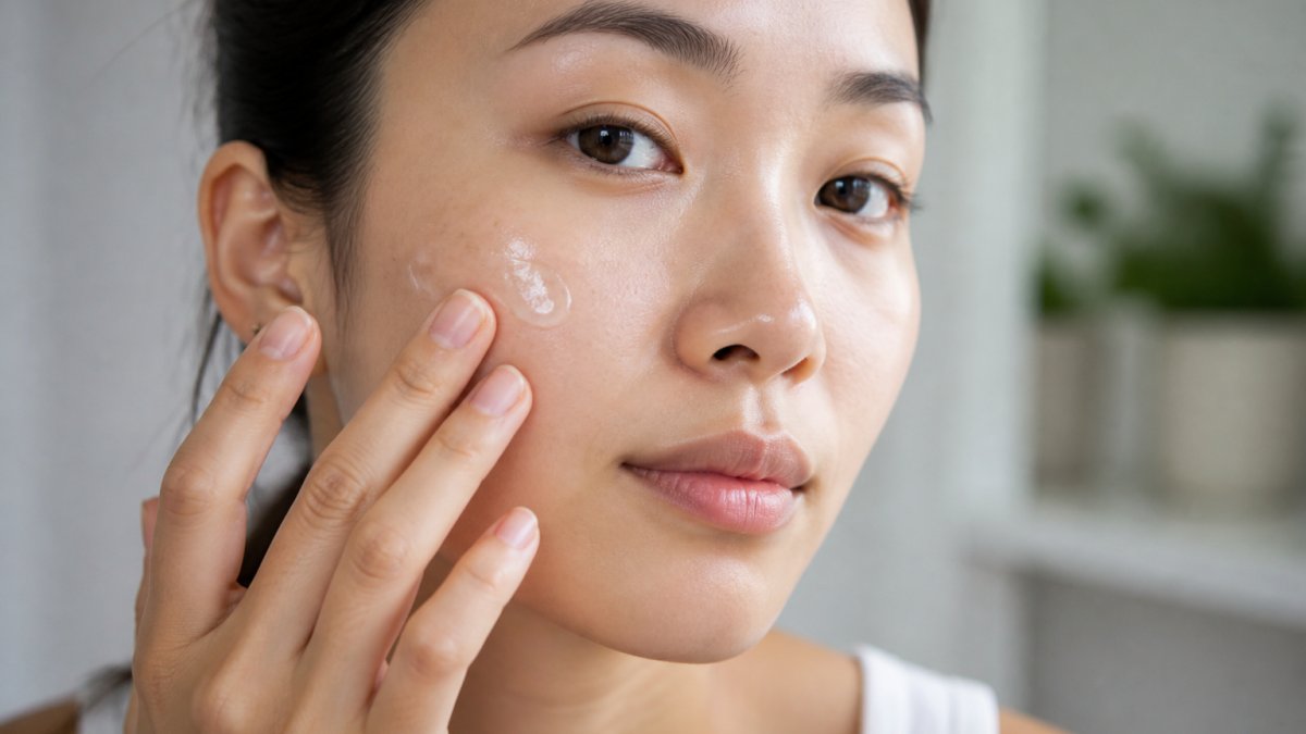 Close-up of a person's face with clear, balanced skin texture, applying a lightweight gel moisturizer with fingertips, showing the product absorbing quickly without residue or shine