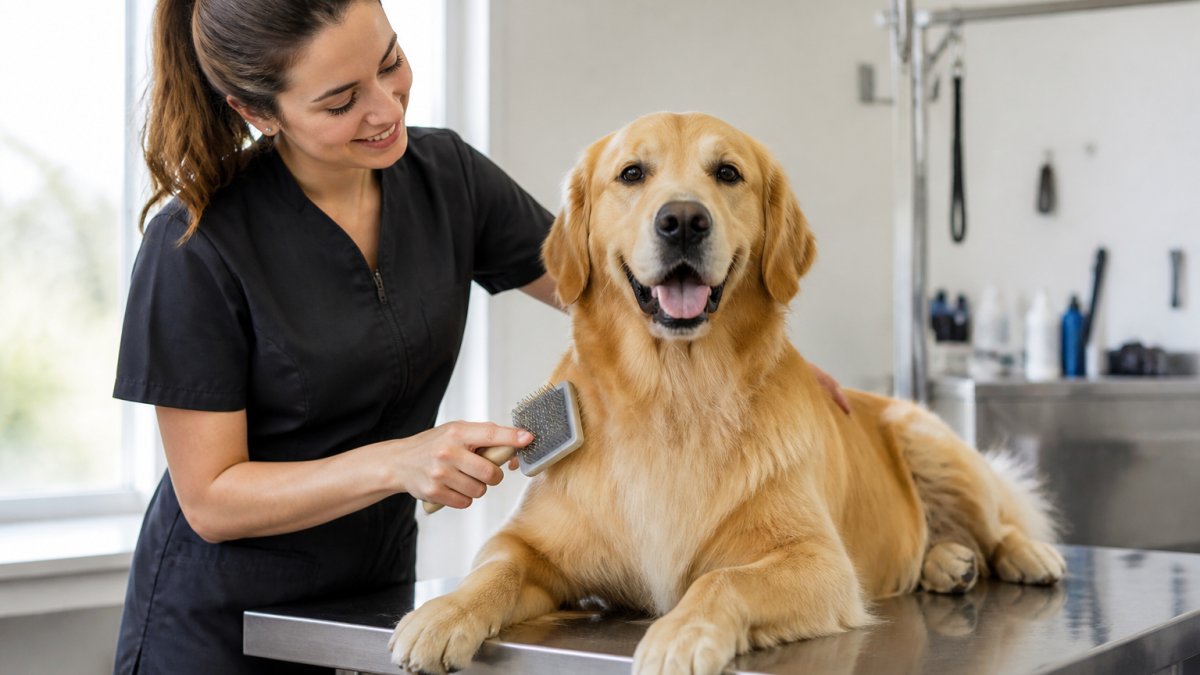 A professional groomer gently brushing a calm golden retriever on a stainless steel grooming table in a bright, quiet salon, no other animals in the frame, soft natural light from a window