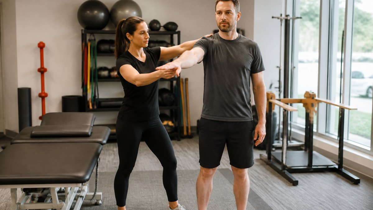 A licensed physical therapist guiding a single adult patient through a guided movement assessment in a bright, private treatment room, with a treatment table and exercise equipment visible in the background
