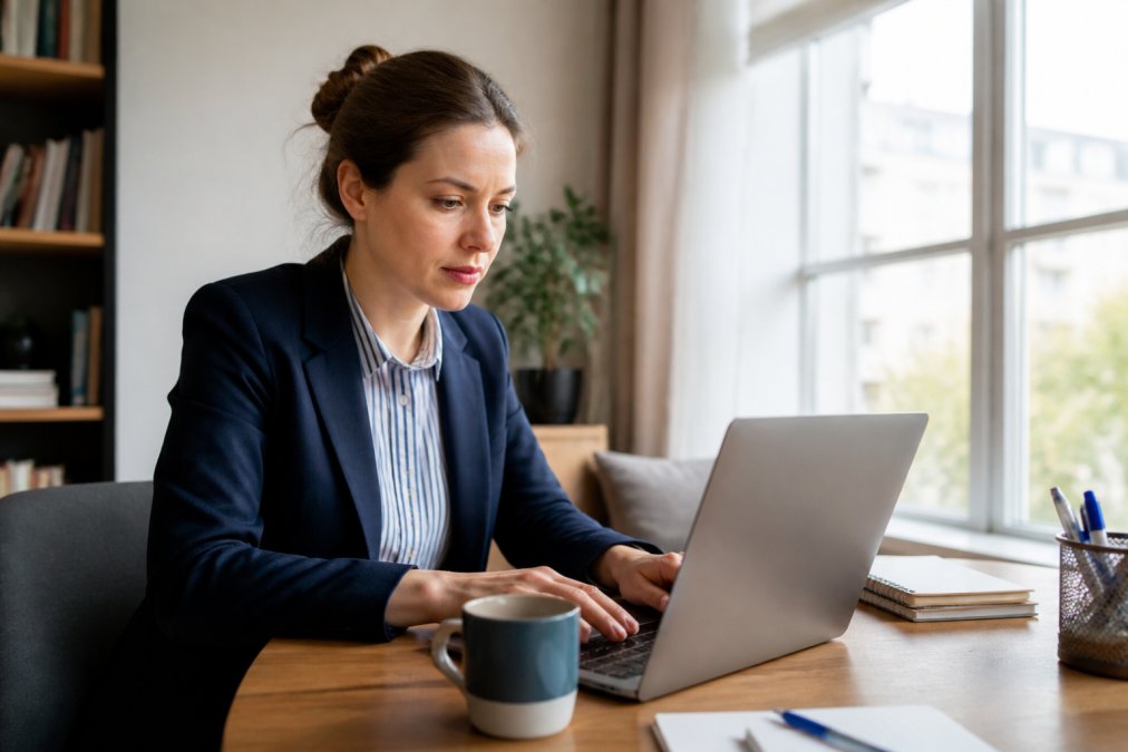 A busy professional in a bright home office adding multiple items to an online shopping cart on a laptop, with a coffee mug and notebook nearby