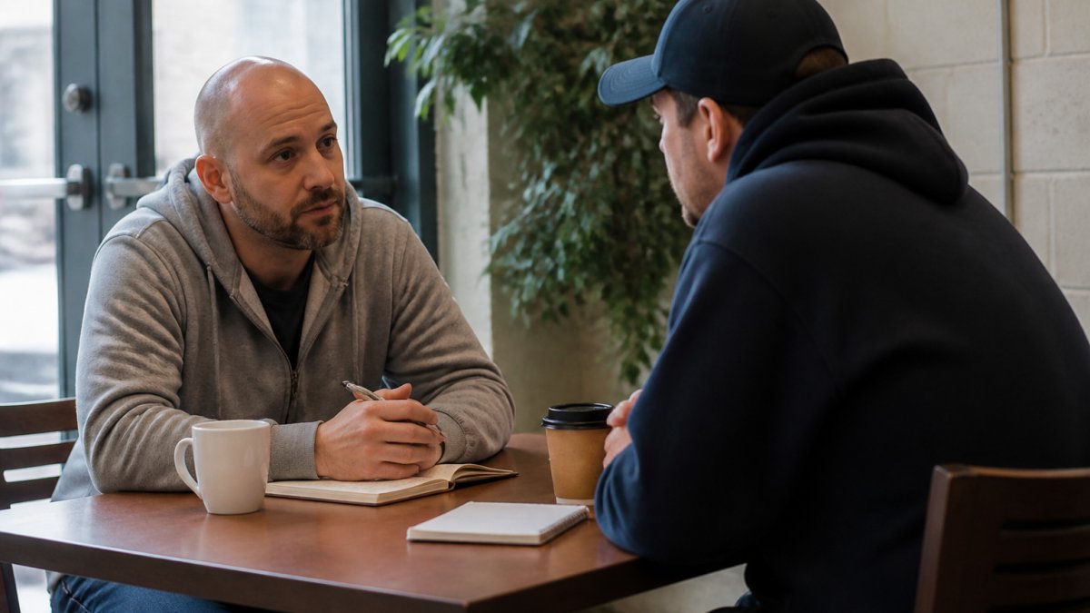 A peer recovery coach sitting across from a client at a small table in a community center, both leaning in during an honest conversation, notebooks and coffee cups on the table