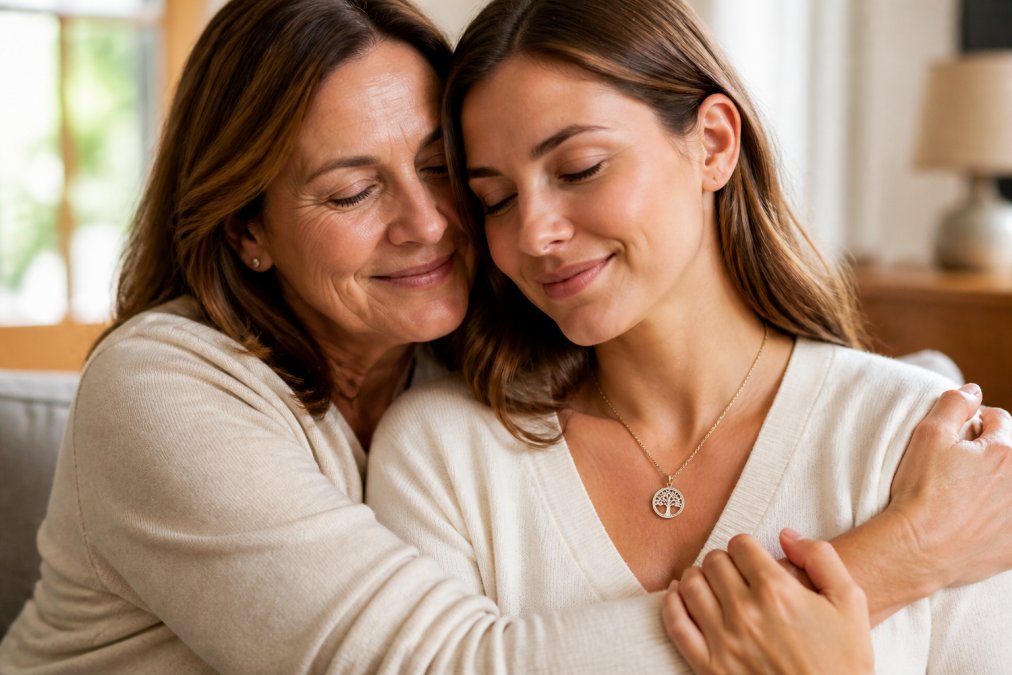 A close-up of a mother and adult daughter embracing, the daughter wearing a delicate engraved necklace, soft natural light in a warm home setting