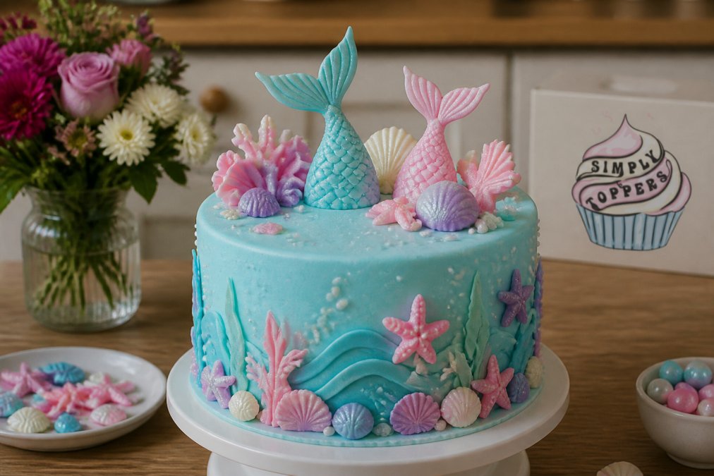 Infographic displaying a variety of handmade sugar paste decorations including mermaid tails and sea shells for cakes.