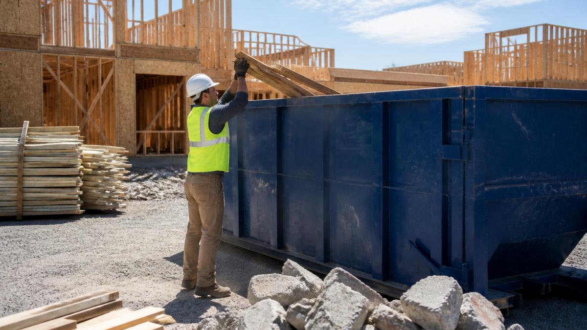 A construction worker in a hard hat and high-visibility vest loading heavy wood and concrete debris into a large roll-off dumpster on an active job site, organized material piles nearby, bright afternoon light