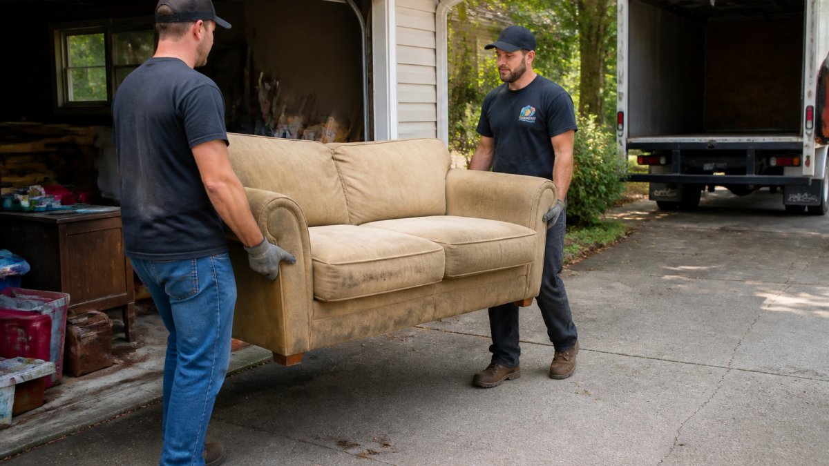 Two-person crew wearing gloves carrying an old sofa during a residential debris removal service from a garage.