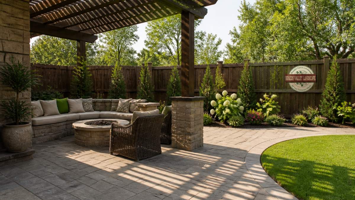 A finished backyard with a stone patio, built-in seating, a pergola casting afternoon shade, and layered planting beds along a privacy fence
