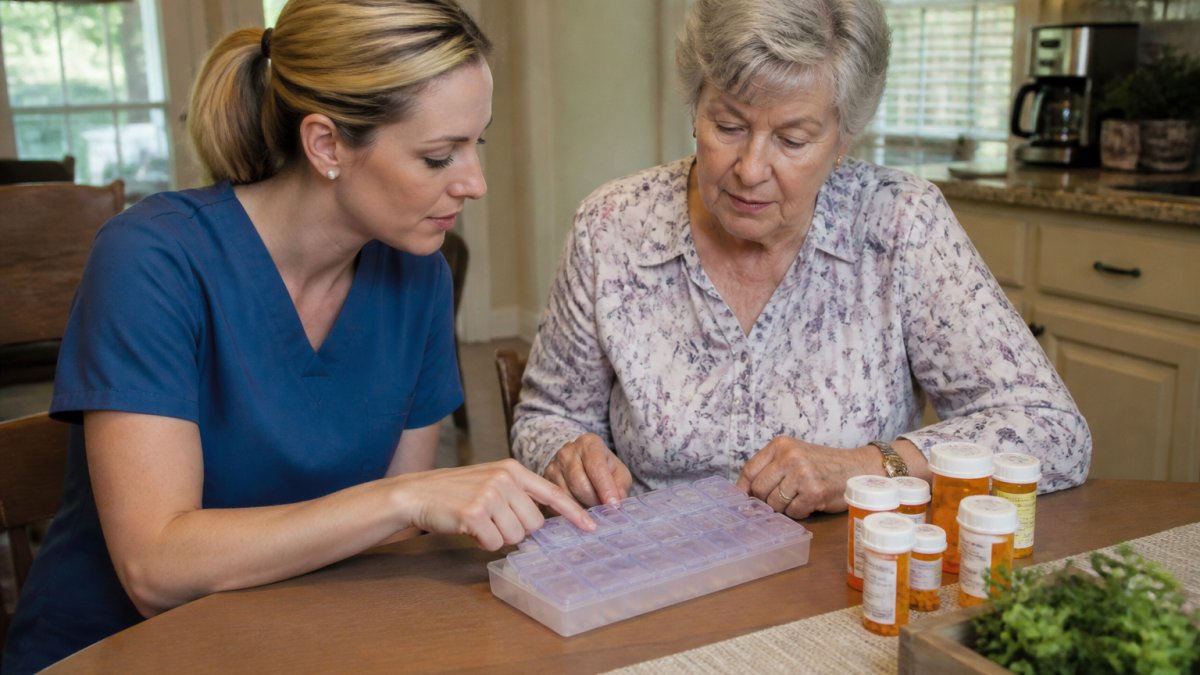 7 Benefits of Professional Nursing Oversight at Home 1 A registered nurse in scrubs sitting at a kitchen table with an older adult, reviewing a pill organizer and medication bottles together in a bright home setting