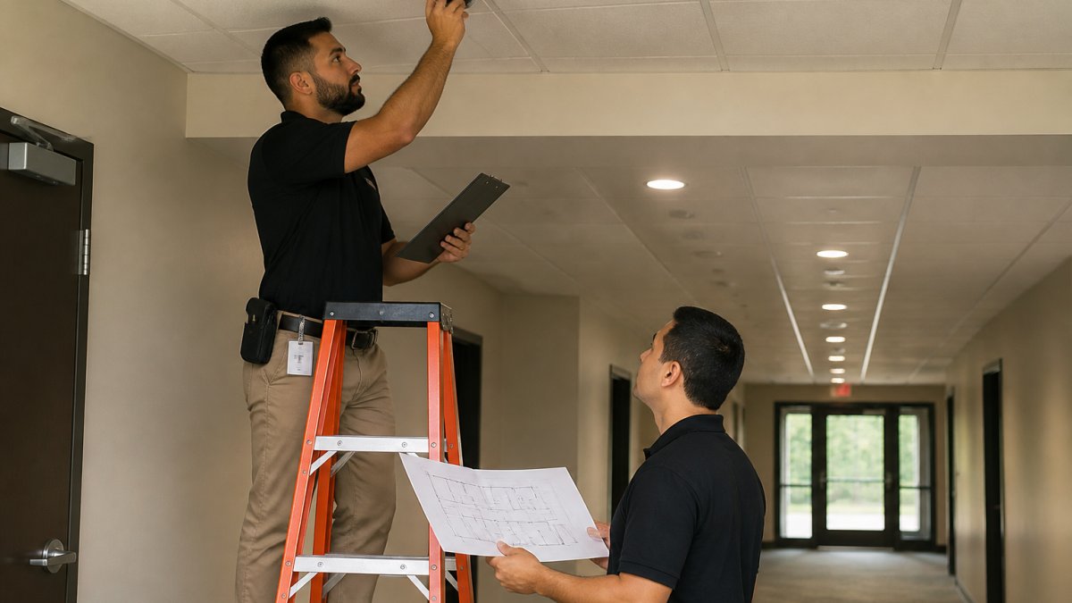 Technician adjusting a ceiling camera while a colleague reviews a floor plan during security site surveys