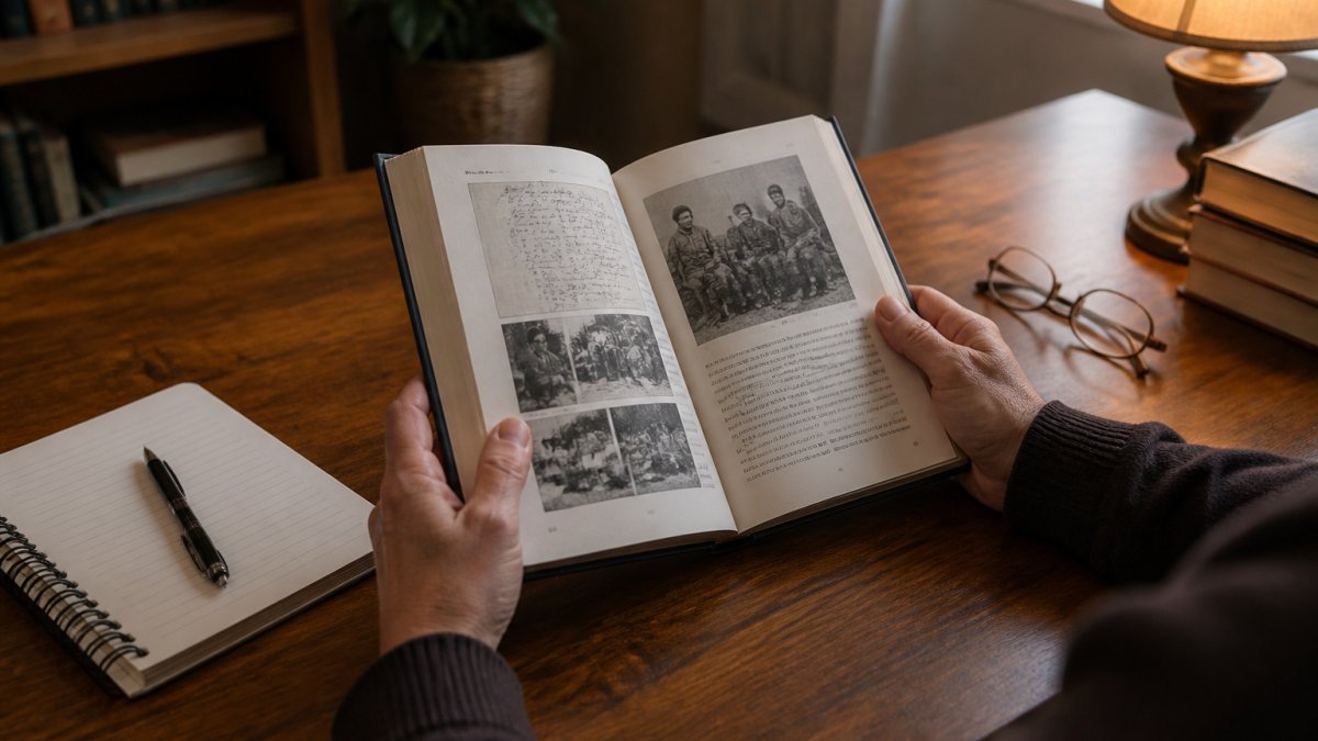 A reader's hands holding an open hardcover memoir at a wooden desk, with a notebook, reading glasses, and a warm lamp nearby