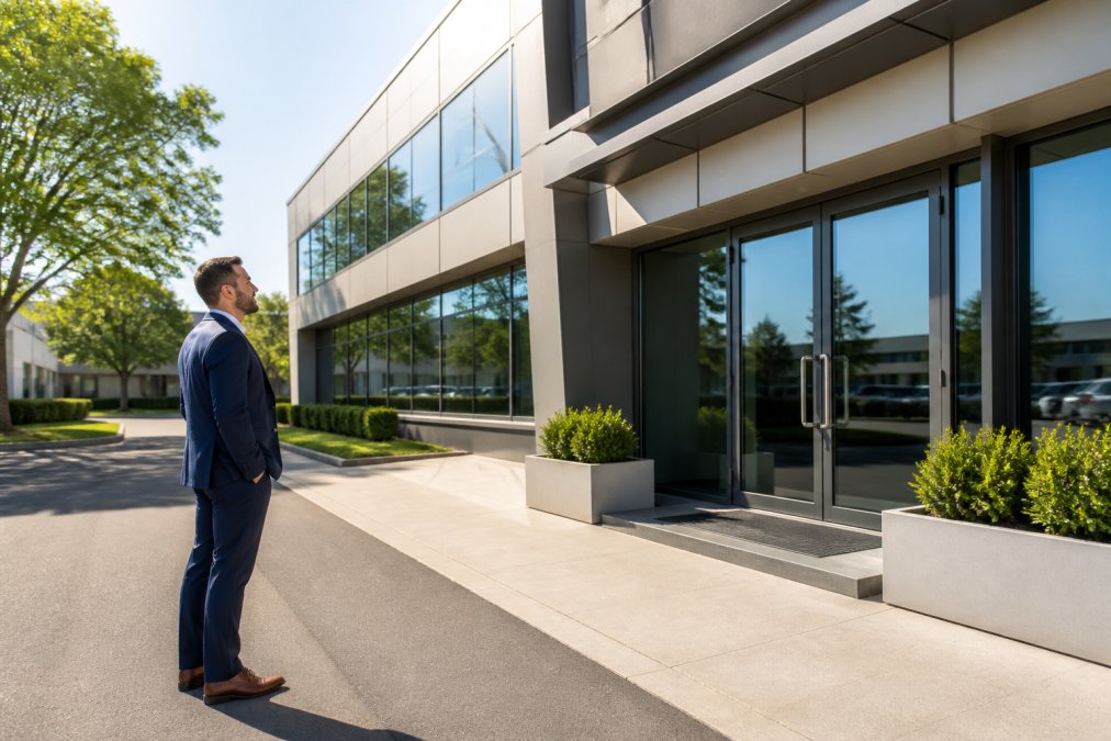 A clean, modern commercial storefront with a welcoming glass entrance, a property manager in business attire standing nearby reviewing the facade under bright morning light