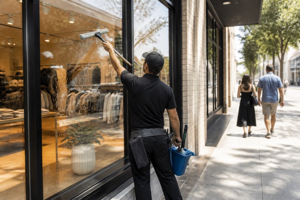 A professional window cleaner using a squeegee on a large retail storefront window, with a bright, inviting store interior visible behind the streak-free glass and pedestrians walking past on a sunny sidewalk