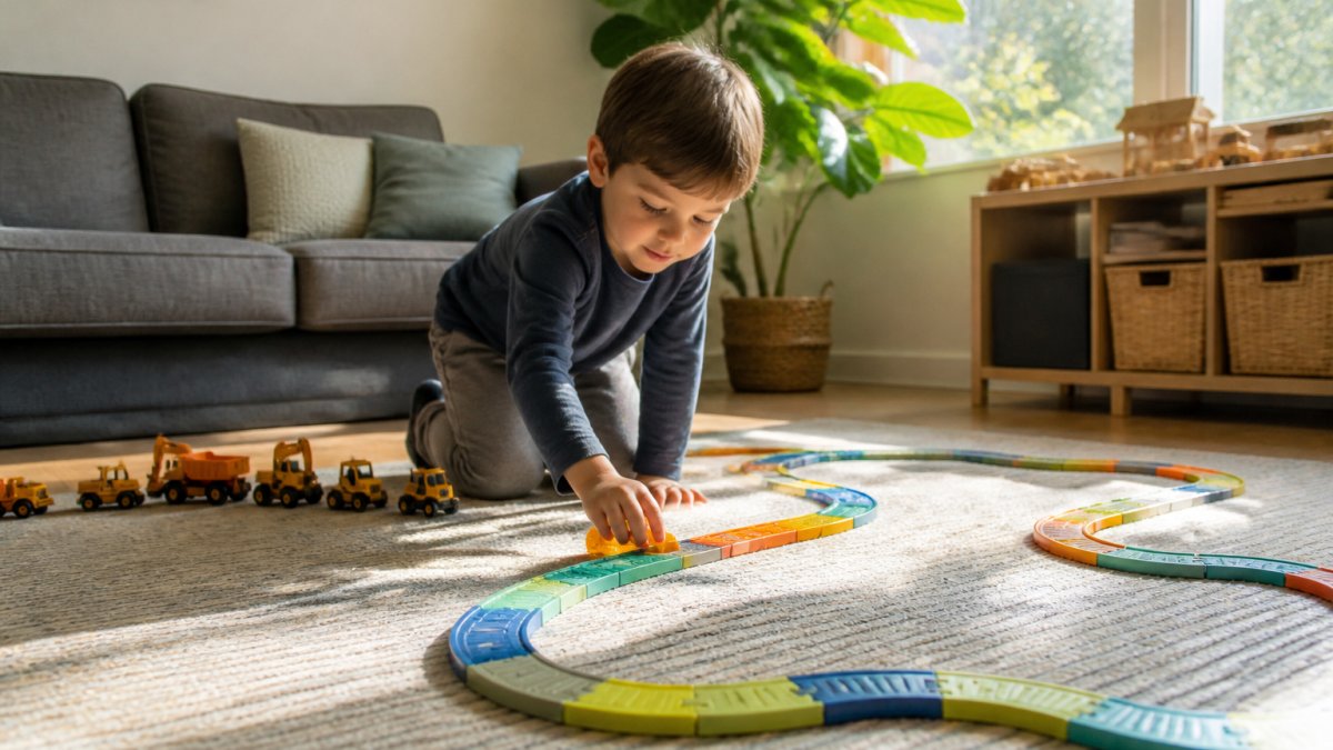 A young child kneeling on a living room rug building a winding track from flexible snap-together pieces, small construction vehicles lined up beside them, warm afternoon light through a window