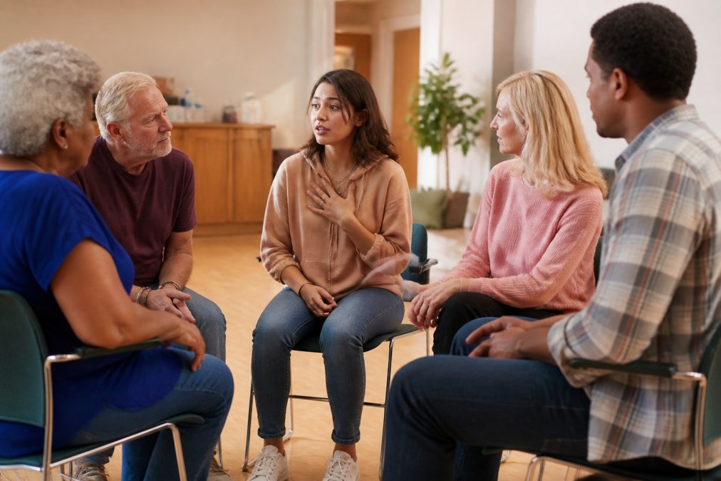 A small diverse circle of adults sitting on chairs in a bright, casual community room, one woman speaking softly while others listen with focused, empathetic expressions