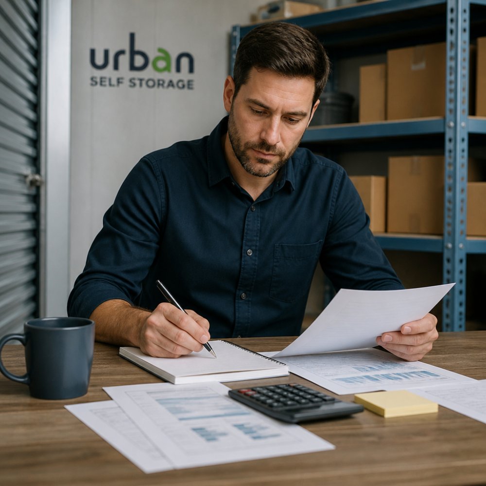 A small business owner in a clean, well-lit self storage unit reviewing inventory on a clipboard, with neatly stacked boxes and shelving behind them