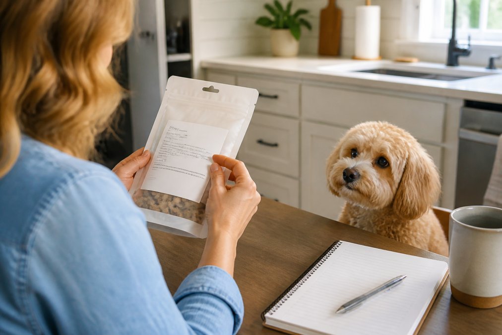 Person reading the label on a bag of single ingredient dog treats while a small dog waits nearby in a bright kitchen
