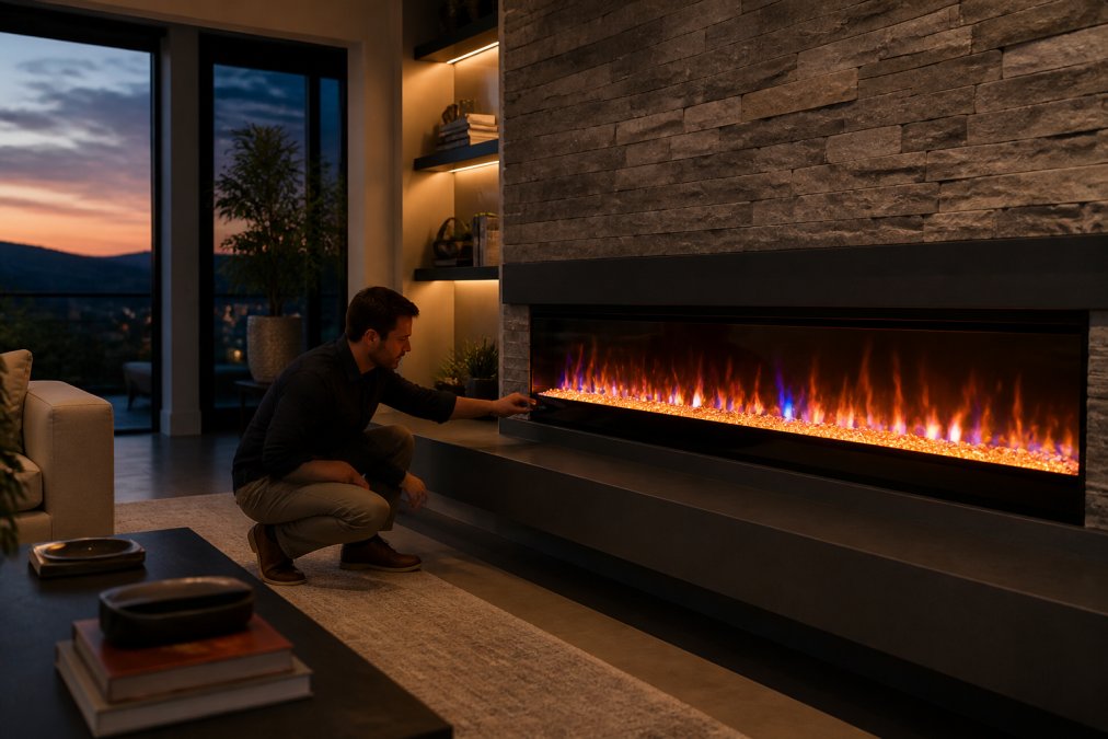 A homeowner adjusting flame color and brightness on a large linear built-in electric fireplace in a modern living room with a stone accent wall at dusk