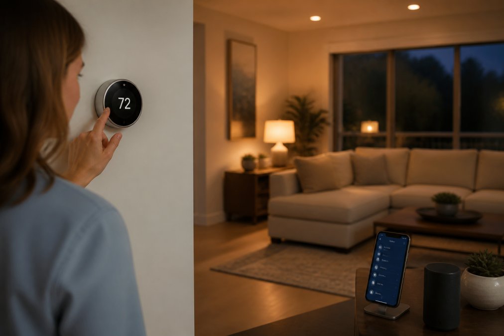 Diagram illustrating smart home electrical integration for lighting, HVAC, and app-based climate control.