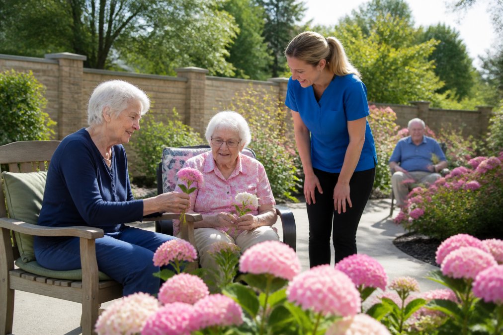 A group of seniors engaged in outdoor activity in a secure garden space with comfortable seating, flowers, and natural sunlight, with a caregiver nearby providing gentle supervision