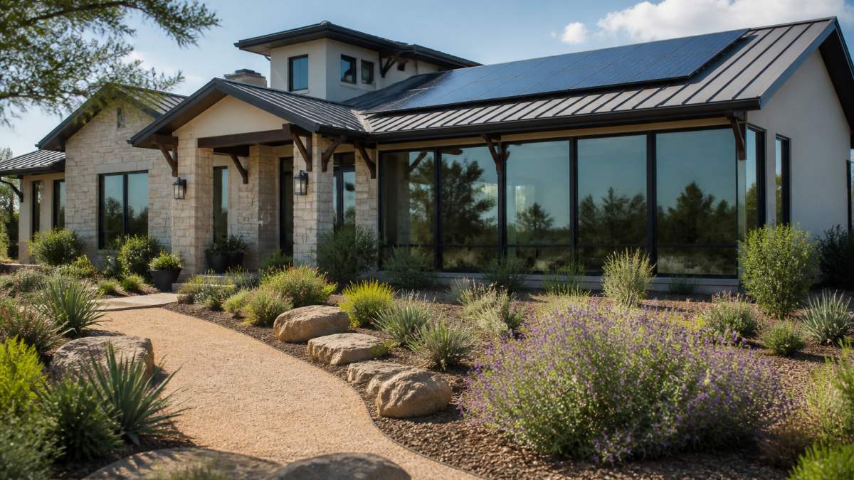 A modern luxury home exterior in a Texas suburb with rooftop solar panels glinting in bright sunlight, large energy-efficient windows, and native landscaping in the foreground