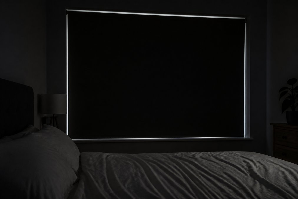 A peaceful bedroom at night with thermal blackout blinds fully closed, showing complete darkness with no light leakage around the edges, soft bedding barely visible in dim light