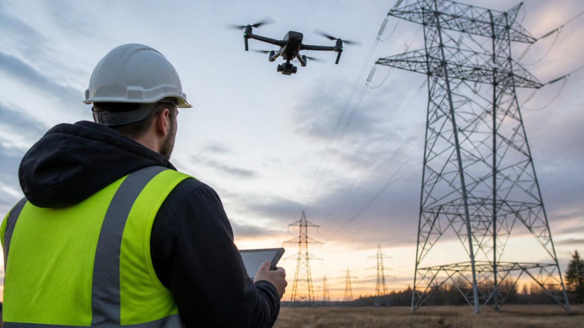 Drone operator inspecting a high-voltage tower to show the benefits of thermal drone asset inspection