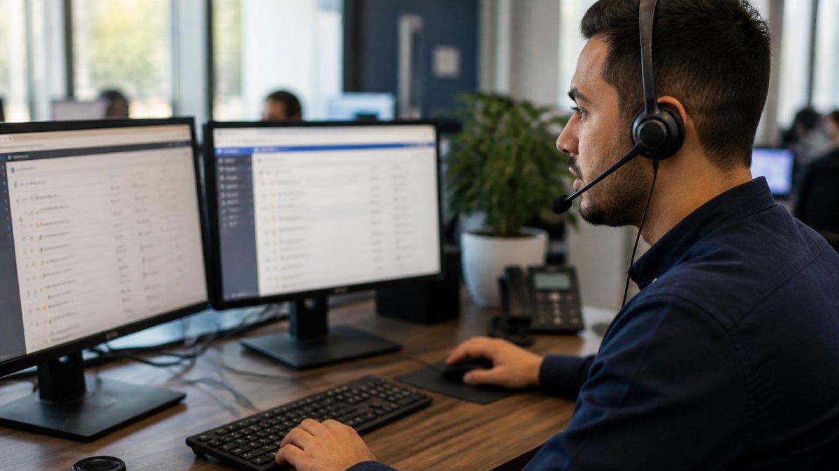 A focused IT support specialist at a desk with a headset, answering a live call in a bright modern office, dual monitors showing a ticketing dashboard