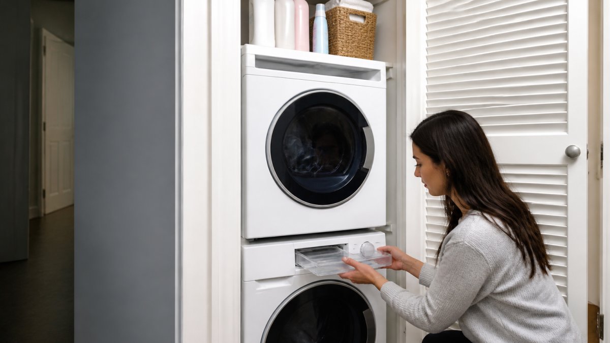 Resident pulling a water reservoir from a compact ventless dryer stacked in a small apartment laundry closet