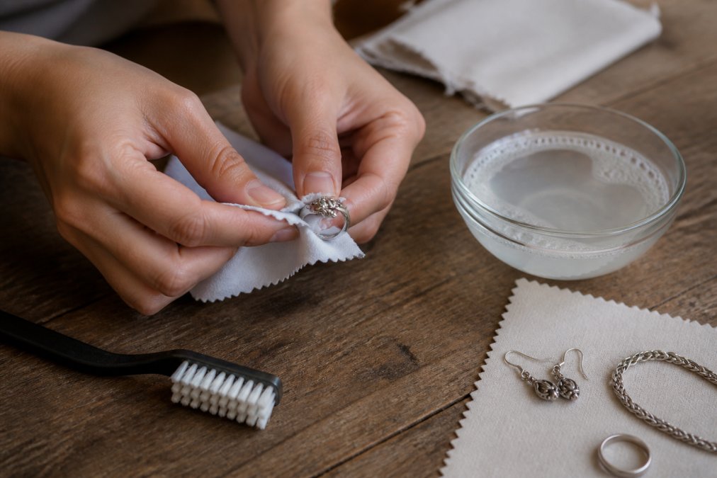 Close-up of hands gently polishing a sterling silver ring with a soft microfiber cloth on a wooden surface, with a small bowl of mild soap solution nearby
