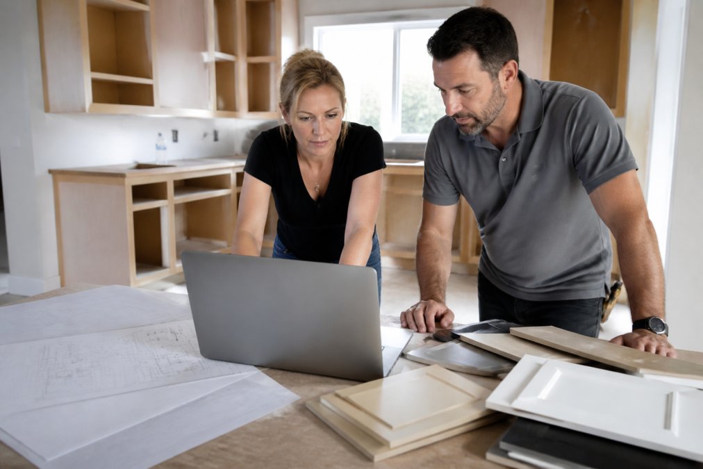 A kitchen designer and contractor reviewing cabinet finish samples together at a project site, with a laptop showing a 3D kitchen layout