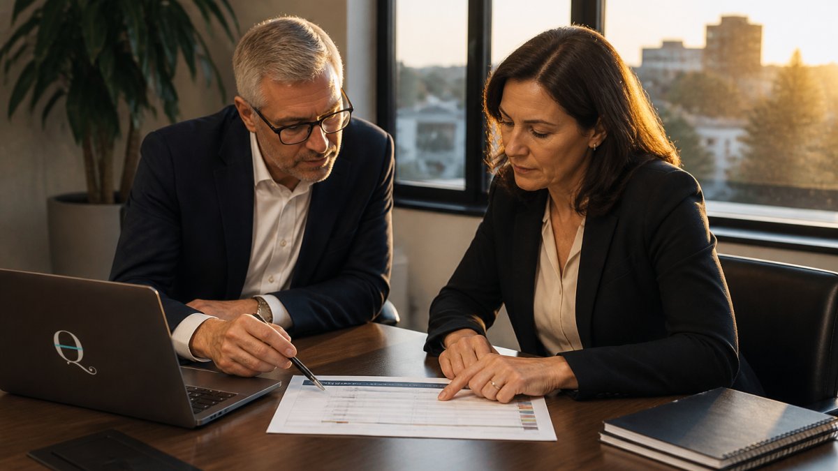 Programme manager and business leader reviewing a benefits realization summary on a printed document.