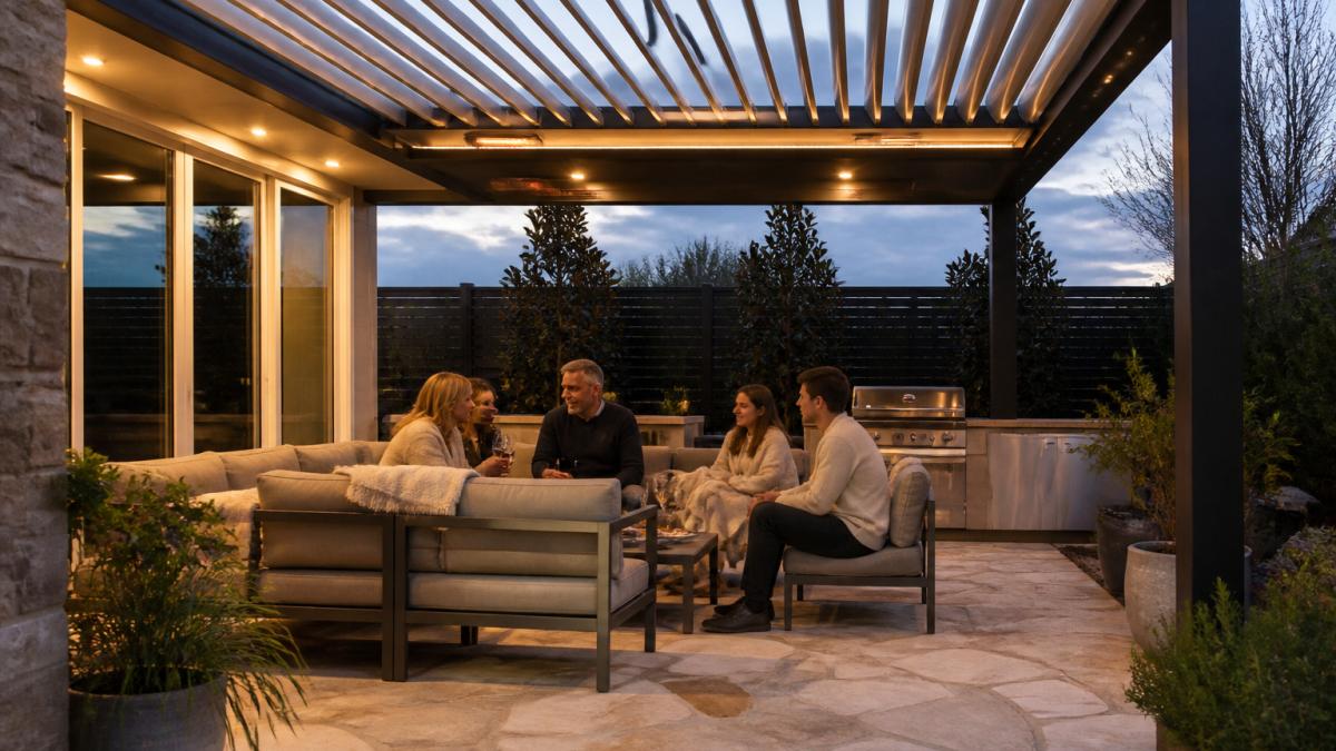 Family gathered under motorised pergola with louvred roof partially open, ambient lighting glowing above, stone patio visible, evening entertaining setting with comfortable seating