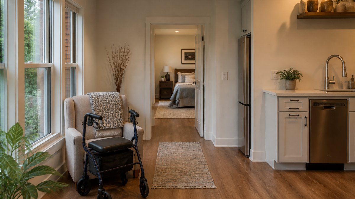 Sunlit single-story ADU interior with a compact living area, a wide hallway, and an open doorway into a bedroom, a walker resting beside a comfortable armchair near large windows