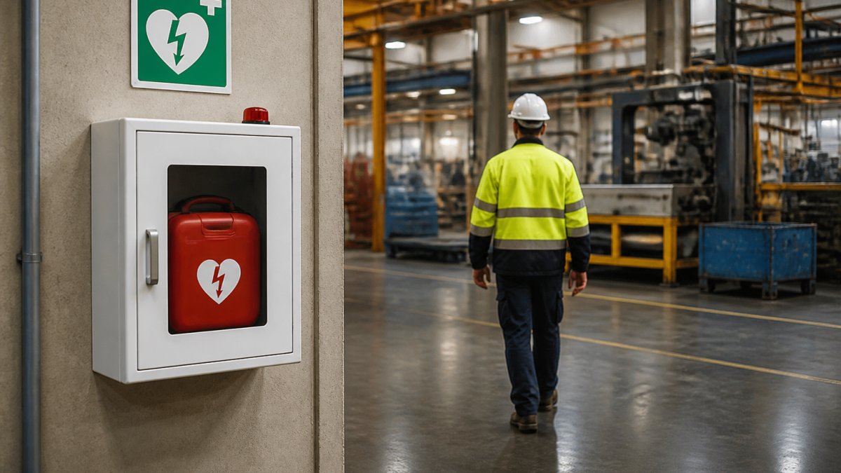 Wall-mounted AED cabinet with safety signage on a busy factory floor with a worker passing by industrial machinery.