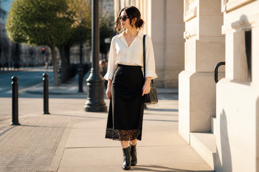 Style guide for transitioning lace trim midi skirts from casual daytime looks to elegant evening outfits