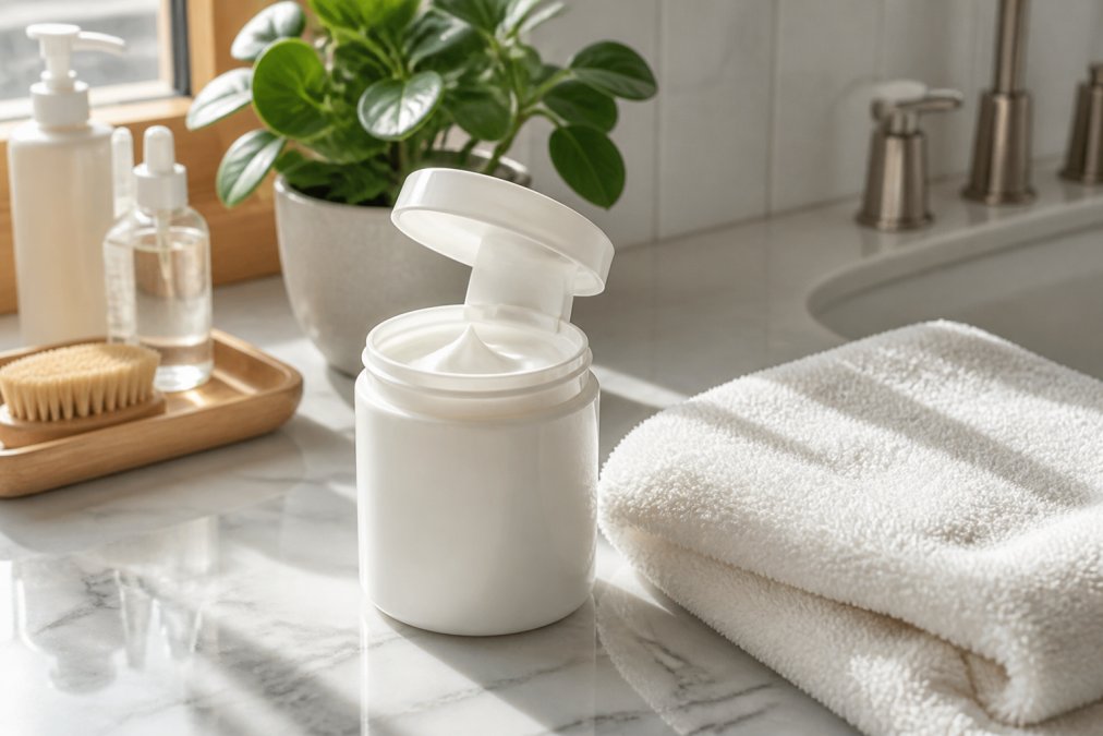 White facial cream in a pump bottle with a cotton towel and a small green plant on a sunny bathroom counter