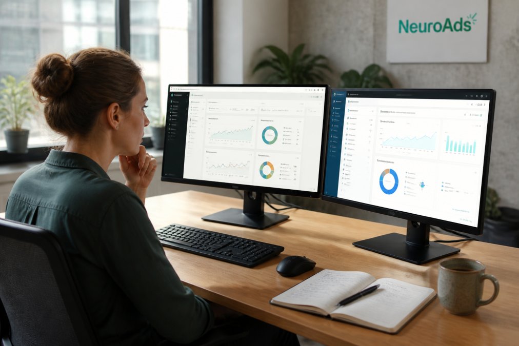 Marketing manager comparing software dashboards for personalized customer journeys on a desktop computer