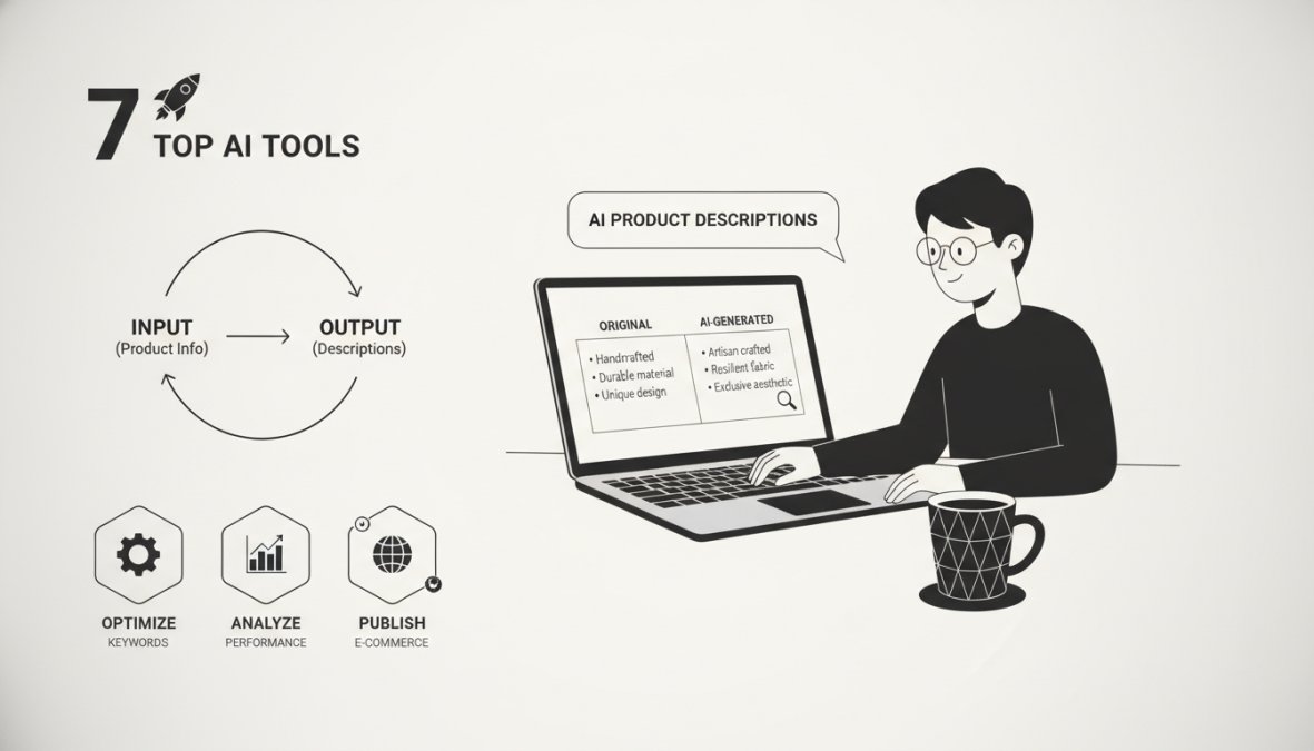 E-commerce business owner reviewing AI-generated product descriptions on a laptop with coffee nearby in a bright home office, showing focused work environment