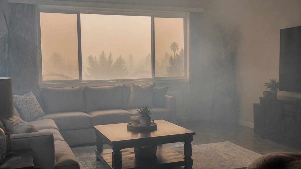 Interior of a home with visible haze and reduced visibility from wildfire smoke filtering through windows, showing how smoke particles accumulate indoors without proper filtration