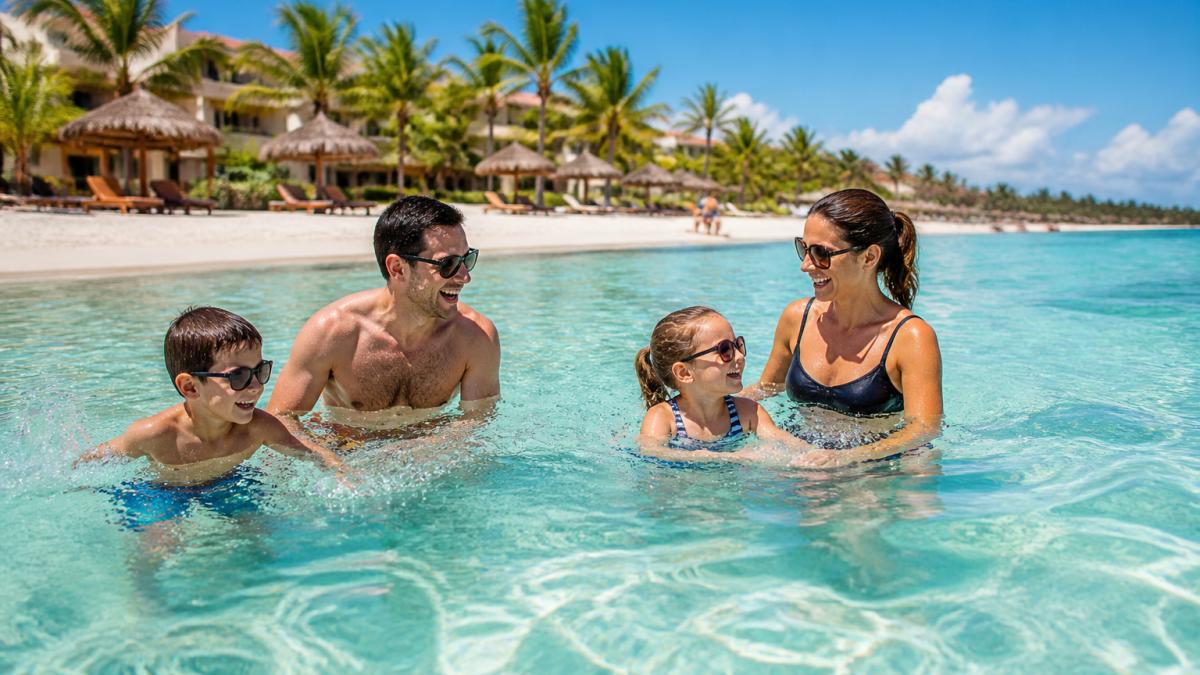 A happy family playing in the shallow ocean at one of the best all inclusive resorts for families.