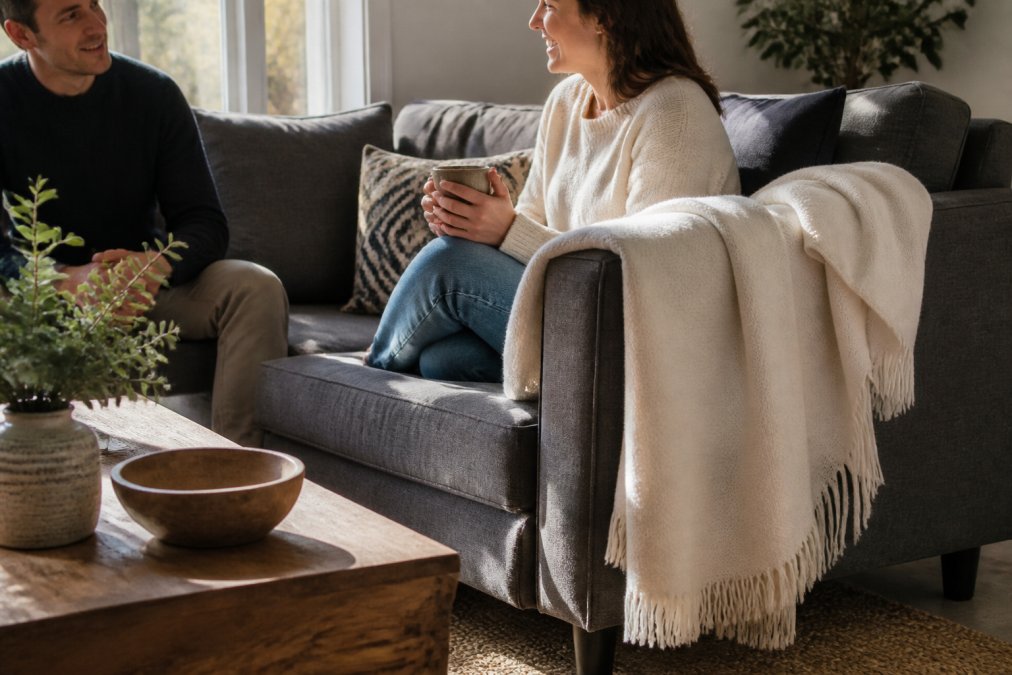 A cream-colored alpaca throw draped neatly over the arm of a modern gray sofa, with a wooden coffee table and soft afternoon sunlight streaming through a nearby window
