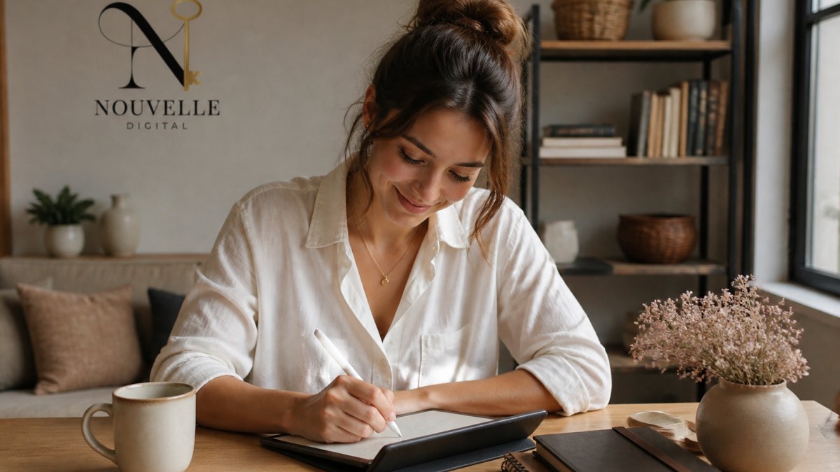 Woman using a stylus on a digital planner in a cozy office, one of the best alternatives to Artful Agenda