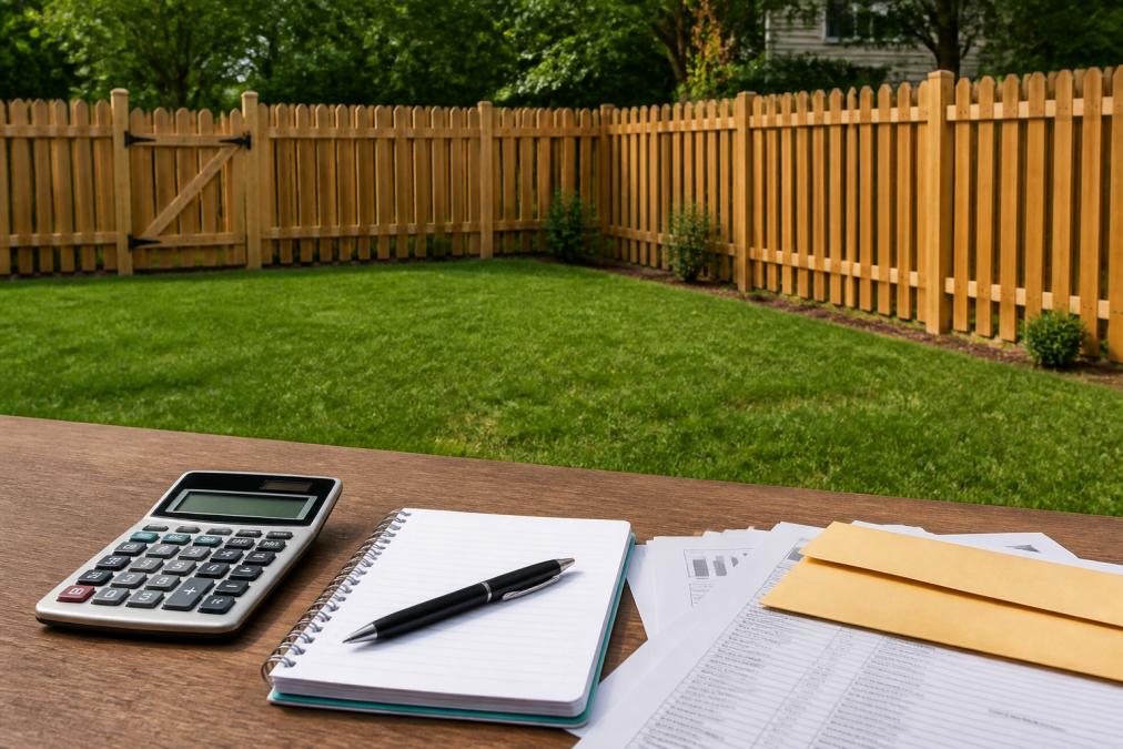 A residential backyard with a newly installed cedar wood picket fence, showing the natural grain and warm tones, with green grass and a few trees in the background