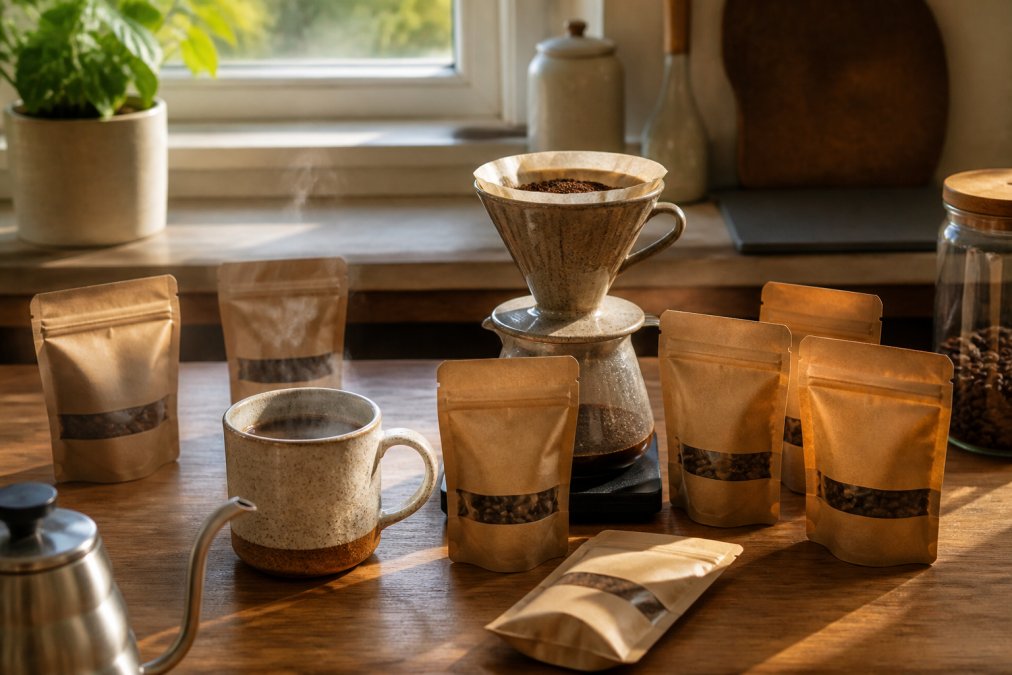 Warm kitchen counter scene with several small 2oz sample bags of Quire Brew coffee arranged around a ceramic pour-over brewer and a steaming mug, soft morning light through a window