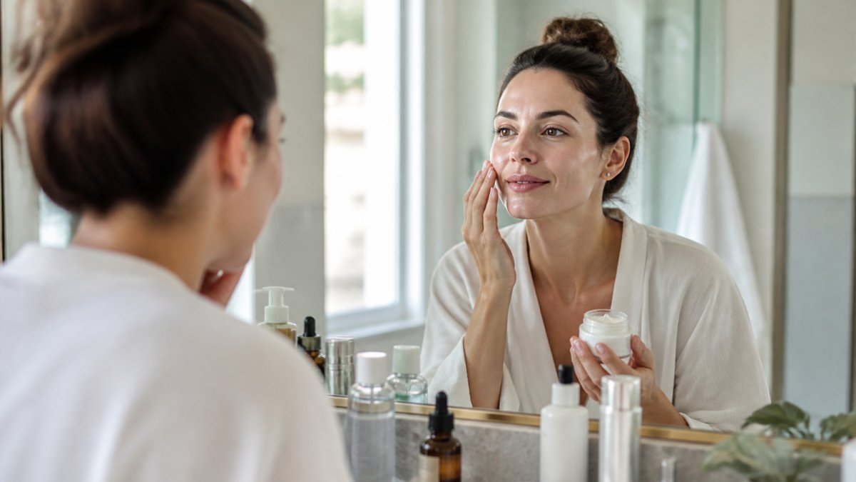 Step-by-step infographic showing a skincare routine with bottles on a vanity for women in their thirties.
