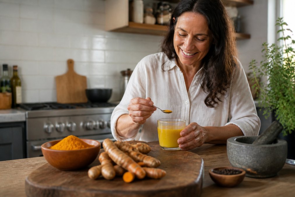 Close-up of fresh turmeric root and ground turmeric powder in a small wooden bowl on a kitchen counter, with a glass of golden milk nearby