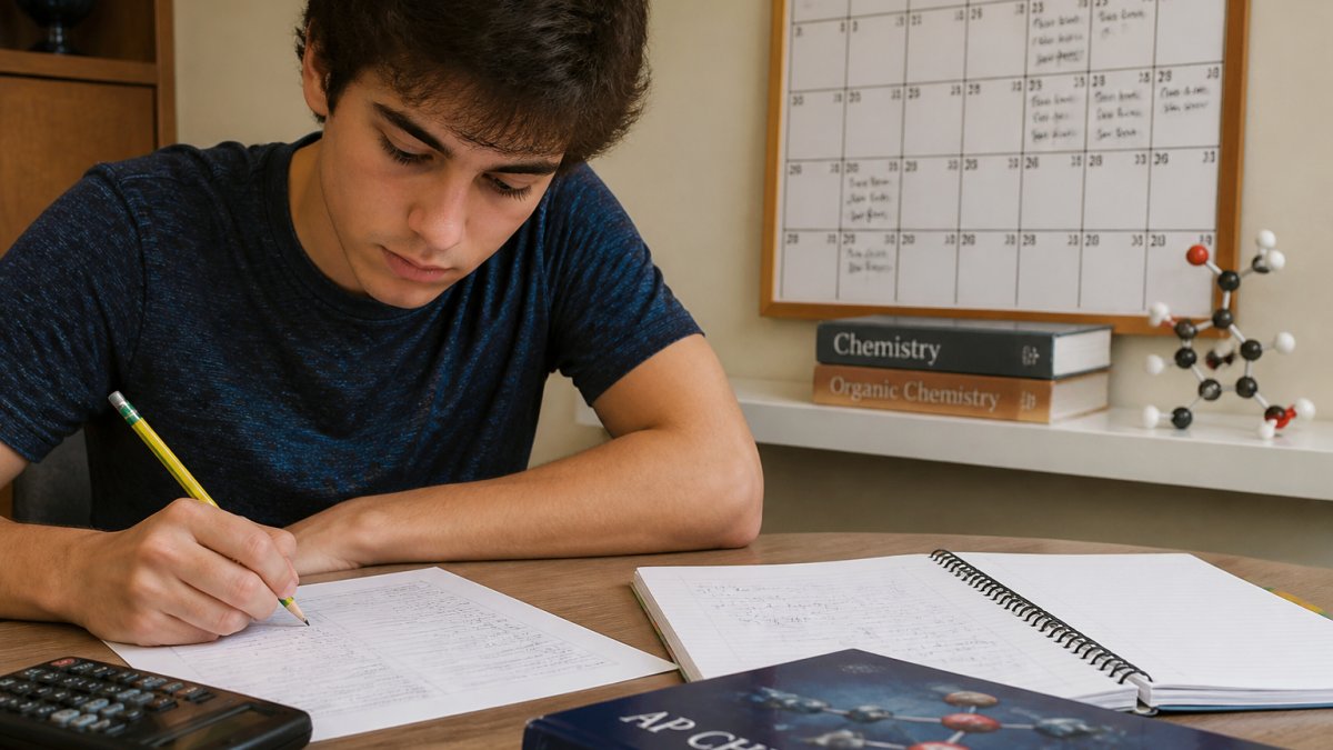 A high school student at a desk reviewing AP Chemistry practice test results with a pencil, notebook, and calculator, with a study calendar visible on the wall behind them